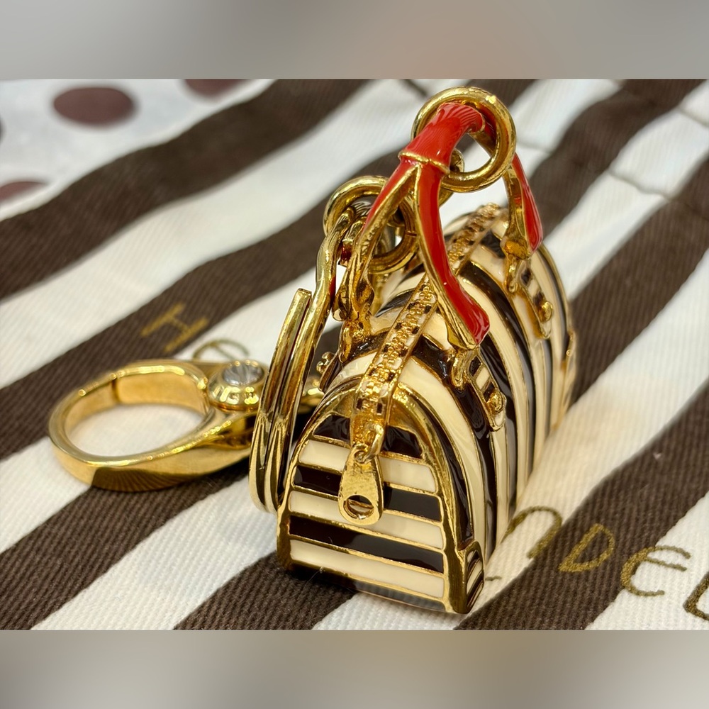 NWOT HENRI BENDEL Gold & Brown Stripe Mini Bag Keychain with Red Handle - Picture 11 of 14